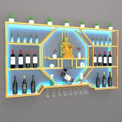 Image of LED Wine Rack Glass Rack,Wine Wall Mounted,Wall Racks for Bottles,Display Shelf Bottle Storage Rack,Rack Iron Display Stand Holder,Dining Room Pantry Cabinet(Color:Gold)
