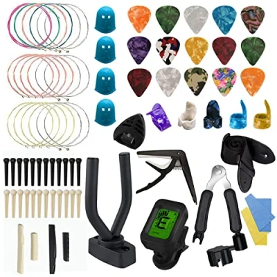 Image of Yumzeco Guitar Accessories Kit, 78 Pcs with Wall Mount,Guitar Tuner,Guitar Strap,Guitar Capo,3 Set Strings,10 Picks,3 in 1 String Winder,Guitar Bridge Pins Saddle and Nuts etc.