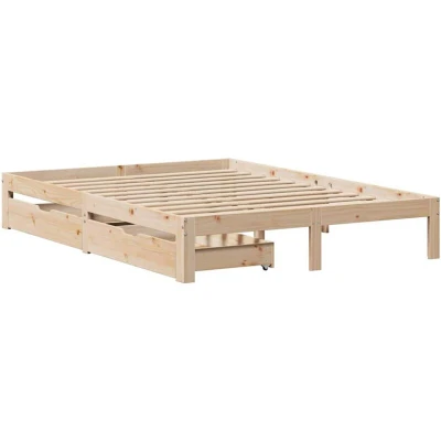 Image of vidaXL Pine Wood Bed Frame with Drawers 140x200 cm Modern Double Bedstead, Slatted Base, Brown