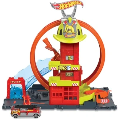 Image of Hot Wheels City with 1 Toy Car, Kid Powered Elevator, Water Like Ramp, Track Play Features, Connects to Other Sets, Fire Station Super Loop, HKX41