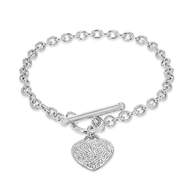 Image of Carissima Gold Women&#039;s 9ct White 0.10ct Diamond Pave Heart T Bar Bracelet of 18cm/7&quot;
