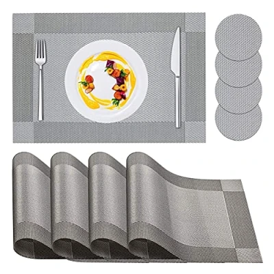 Image of Placemats, Placemats and Coaster Sets 4, PVC Heat resistant Table Mats Set Washable with 4 x Non slip + Round Coasters for Kitchen Dining (Grey)