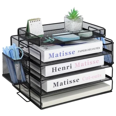 Image of Letter Trays 4pcs Stackable Paper Sorter, Metal Mesh Tray with Top Stationery Holder, Office Desk Tidy Folder Two Pen Holders, File Organizer for School Home