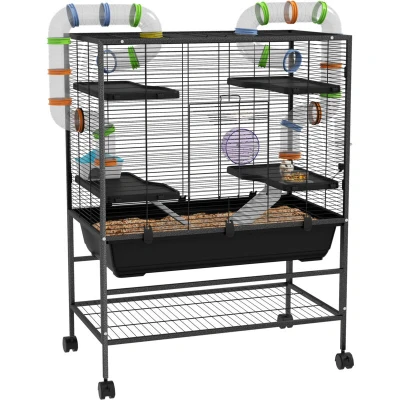 Image of PawHut Large Hamster Cage, Rat Cage with Wheels, Tubes, Storage Shelf, Ramps, Running Wheel, Food Dish, Water Bottle, for Gerbils, Syrian Black