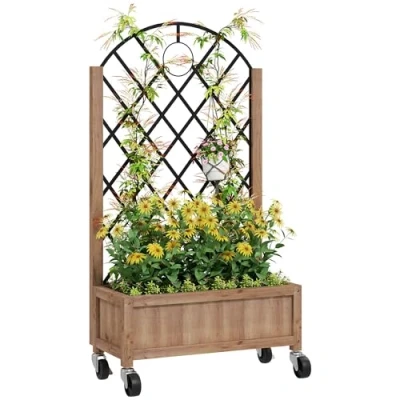 Image of Outsunny Raised Garden Bed with Metal Trellis, Wooden Elevated Planter Box Wheels and Drainage Holes, Outdoor for Climbing Plants, Fruits, Vegetables, Flowers, Brown