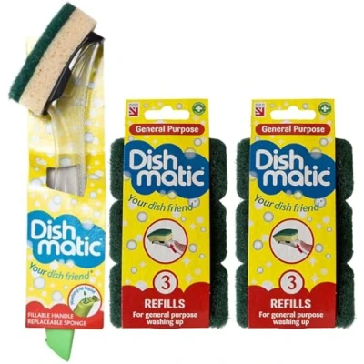 Image of Dishmatic Fillable Washing up Brush and Sponge Easy Grip Dish Cleaner +1 Bonus Refill with 6X General Purpose Refills