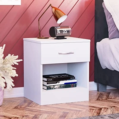 Image of Vida Designs Large White Bedside Cabinet, 1 Drawer, Table, Metal Handles &amp; Runners