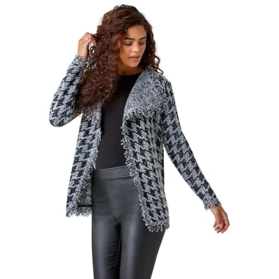 Image of Roman Originals Contrast Cardigan for Women UK Ladies Fringed Boucle Coatigan Jacket Shawl Collar Autumn Winter Knit Knitted Knitwear Everyday Holiday Edge to Comfy Grey Black Size 14