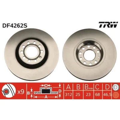 Image of 3B0615301B, 4B0615301A, 4B0698996A, 8D0615301J, 8E0615301R Brake disc TRW DF4262S 312mm 25mm 9 112mm Vented Painted AUDI: A4 B6 Avant, B7 Avant
