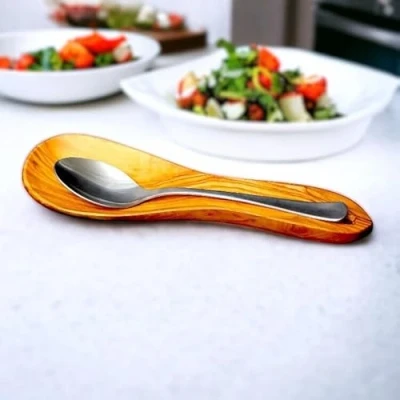 Image of Handcrafted Olive Wood Spoon Rest Durable Natural Wooden Holder for Kitchen Eco Friendly Heat Resistant Utensil Perfect Cooking and Serving Unique Grain Design 20cm