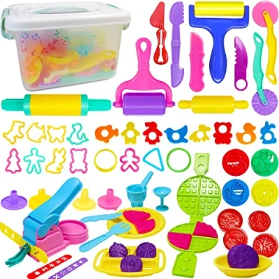 Image of Jiosdo Playdough Tools and Cutters, 53 Pcs Dough Sets for Kids Toddlers, Plastic Accessories Clay Extruders Rollers Molds with Storage Box, Creation Educational Toy Gift Set