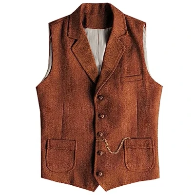 Image of AeoTeokey Men&#039;s Western Herringbone Tweed Suit Vest Wool Slim Fit Waistcoat (Orange,XXL)