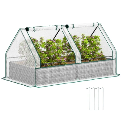 Image of Outsunny Raised Garden Bed with Mini Greenhouse, Outdoor Metal Planter Box Cover, for Herbs and Vegetables, Use Patio, Garden, Balcony, White Dark Grey