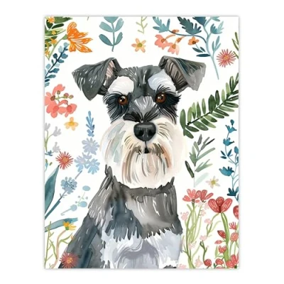 Image of Artery8 Dog Lover Miniature Schnauzer Floral Portrait Living Room Large Wall Art Poster Print Thick Paper 18X24 Inch