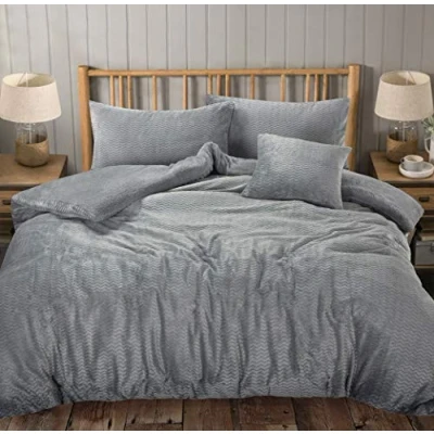 Image of NEW Soft Warm &amp; Cosy Teddy Bear Faux Fur Thermal Fleece WAVE Duvet Quilt Cover Pillowcases Bedding Set (Silver Grey, Double)