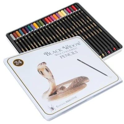 Image of Black Widow Colouring Pencils for Adults 24 Coloured Smooth Pigments Colour Pencil Set Best Adult and Artist (Cobra Set)