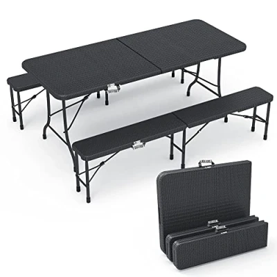 Image of VOUNOT Folding Table Bench Set Trestle Portable Party Picnic BBQ Camping With Metal Frame Indoor Outdoor Garden, Black