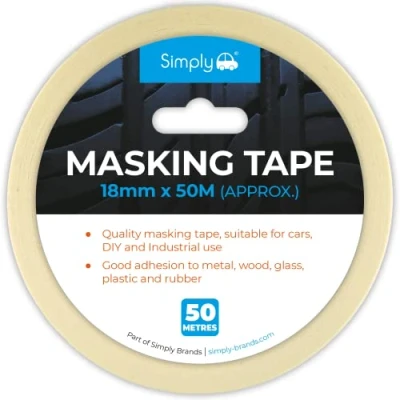 Image of Simply Auto 18mmx50m Masking Tape Adhesive Ideal For Painters, Decorators, Professionals and DIY Use. 18mm Wide, 50m roll.