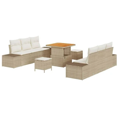 Image of vidaXL 9 Piece Garden Sofa Set with Cushions Beige Poly Rattan Acacia