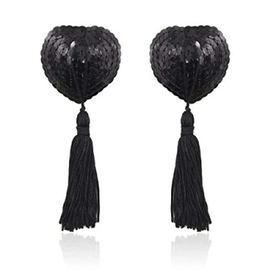 Image of Drqinyi HOT DREAM Nipple Covers Invisible Breast Petals Adhesive Bra for Women Heart Pasties Sequin Reusable with Tassel Black