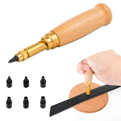 Image of Japanese Screw Hole Punch,Adjustable Leather Punch Tool with Wood Handle,6 Tips Sizes: 1.5mm, 2mm, 2.5mm, 3mm, 3.5mm, 4mm for Sewing Auto Paper Bookbinding