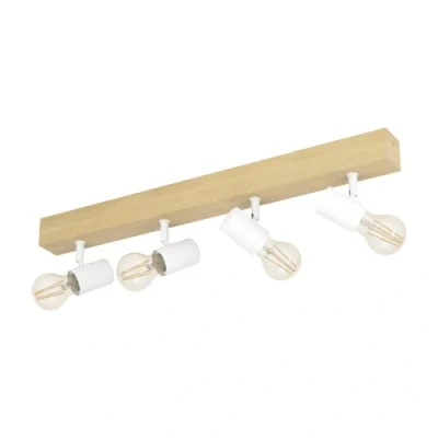 Image of EGLO Townshend 3 ceiling lamp, 4 flame vintage spot in industrial design, retro lamp made of steel and wood, white, brown, E27 socket