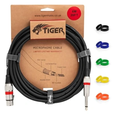 Image of Tiger MIC6 06 Microphone Cable 6 Metre / 20 Foot Female XLR to 6.35mm 1/4 Inch Jack Low Noise Unbalanced Instrument with Interchangeable Coloured Loops