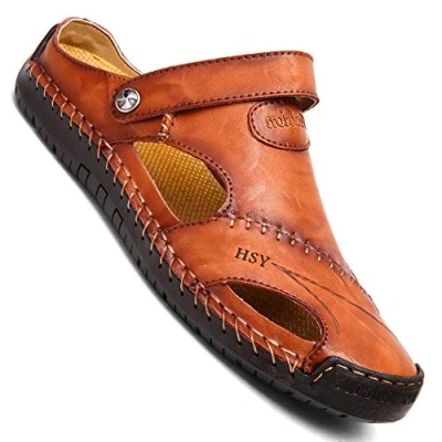 Image of GSNOW Mens Leather Closed Toe Sandals Athletic Outdoor Sports Slippers, Brown, 39 EU