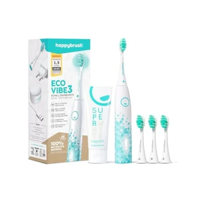 Image of happybrush® [Test Winner 2024*] Electric Sonic Toothbrush ECO Vibe 3 White with 6 Week Power Battery Including Brush Heads and SuperWhite Toothpaste