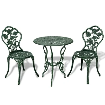 Image of vidaXL 3 Piece Bistro Set in Green Cast Aluminium Outdoor Dining with Circular Table and Two Chairs Decorative Floral Pattern Durable, Weather Resistant Garden Furniture