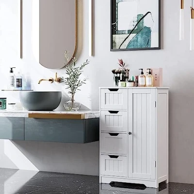 Image of Bathroom Floor Cabinet Cupboard Free Standing Wooden Storage Unit with 4 Drawers &amp; 1 Door, Adjustable Shelf, White