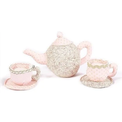 Image of MON AMI Floral Tea Set Stuffed Toy 1 Teapot and 2 Cups Party for Toddlers Pretend Play Toys Children