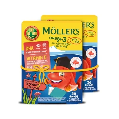 Image of Möller&#039;s Omega 3 Capsules for Children, Natural Fish Cod With Strawberry Flavour, DHA and EPA, Easy to Chew, No Gluten, Lactose Sugar, Pack of 72