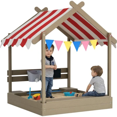 Image of Outsunny Sand Pit Wooden Sandpit Kids Sandbox House for Outdoors, Gardens with Canopy, Liner, Blackboard, Sink, Seats, Flags, Ages 3 7 Years Grey