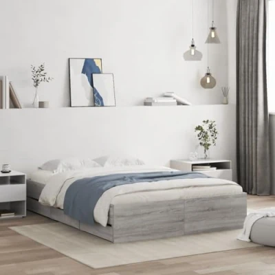 Image of vidaXL Grey Sonoma Small Double Bed Frame with Drawers Engineered Wood Plywood Slats for Bedroom Storage