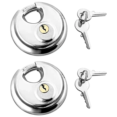 Image of QWROK Round Disc Lock, Outdoor Heavy Duty Keyed Padlocks with Keys, Stainless Steel Shackle, 2 Pcs