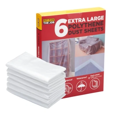 Image of Fit for The Job 6 pack 12ft x 9ft (3.6m 2.7m) Total 650 sqft Polythene Dust Sheets Decorating Drop Cloth Dustproof &amp; Waterproof Protecting Floors Furniture When Painting