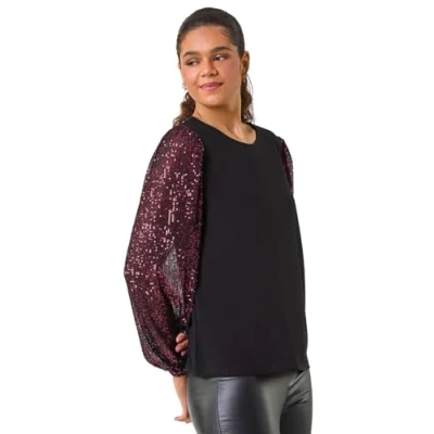 Image of Roman Womens Sequin Sleeve Stretch Top Purple Size 12 UK