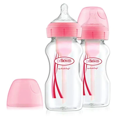 Image of Dr Brown&#039;s Natural Flow Anti Colic Options+ Wide Neck Baby Bottle, 9oz/270ml, with Level 1 Teat, 2 Pack, Pink