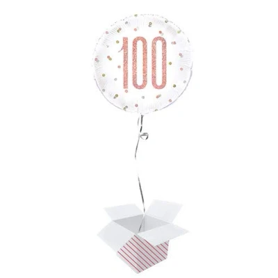 Image of Rose Gold Glitz Age Holographic Round Foil Helium Balloon Inflated in a Box (Age 100, Birthday)