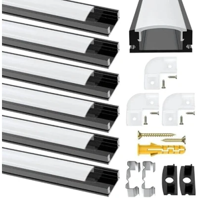 Image of LED Strip Diffuser, Aluminum Channel Black U Shape Profile with Milky White Cover, End Caps and Mounting Clips Extrusion 90 Degrees Connectors for Lights