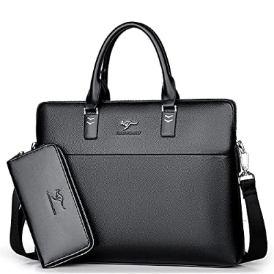 Image of TIANHONGDAISHU Leather Briefcase Shoulder Crossbody Laptop Business Bag for Men Slim Messenger Tote Handbags (TH001 4 black + wallet)