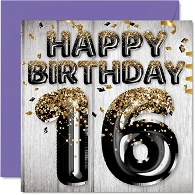 Image of 16th Birthday Card for Boys Black &amp; Gold Glitter Balloons Happy Cards 16 Year Old Boy Son Brother Grandson Cousin, 145mm x Sixteen Sixteenth Bday Greeting Gift
