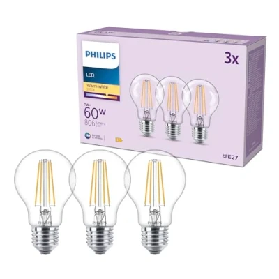 Image of Philips Classic A60 LED Bulb, 60 W, Clear, E27 Socket, Warm White 2700 K, 3 Pack