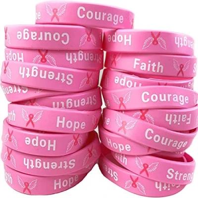 Image of Uddiee 50 Pack Breast Cancer Awareness Pink Ribbon Bracelets Hope Faith Strength Courage Inspiring Wristbands
