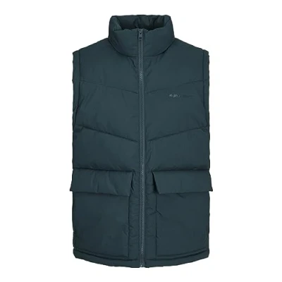 Image of JACK &amp; JONES Mens Puffer Gilet Full Zip Stand up Bodywarmer Quilted Collar Sleeveless Jackets for Men, Green Colour, Size S