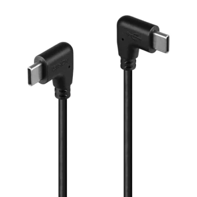 Image of LINDY 1m USB 2.0 Type C Cable with Dual 90 Right Angle Connectors Ideal for Tight Spaces, 60W power delivery charging, 480Mbps Data Transfer, laptop, tablet &amp; mobile phones