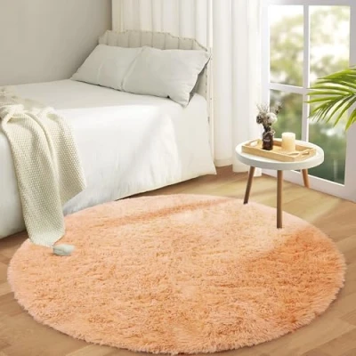 Image of Aspire Homeware Round Rugs Living Room Beige Area for Bedroom 120x120cm Anti Slip Modern Super Soft Thick Pile Small Fluffy Shaggy Rug Non Shedding