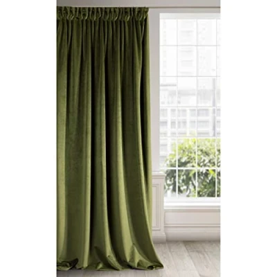 Image of Eurofirany Soft Plain Opaque Velvet Curtain with Tape For Rail 1 Unit, Thick Fluffy Panel Drape Classic Glamour Elegant Living Room Bedroom, W55&#039;&#039; x L106&#039;&#039;, 140x270 cm, Olive Green