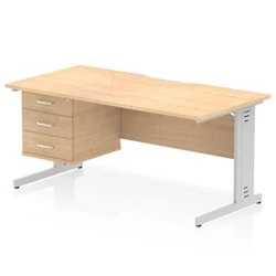 Image of Impulse 1600 x 800mm Scalloped Edge Office Desk Maple Top Silver Cable Managed Leg Workstation 1 3 Drawer Fixed Pedestal